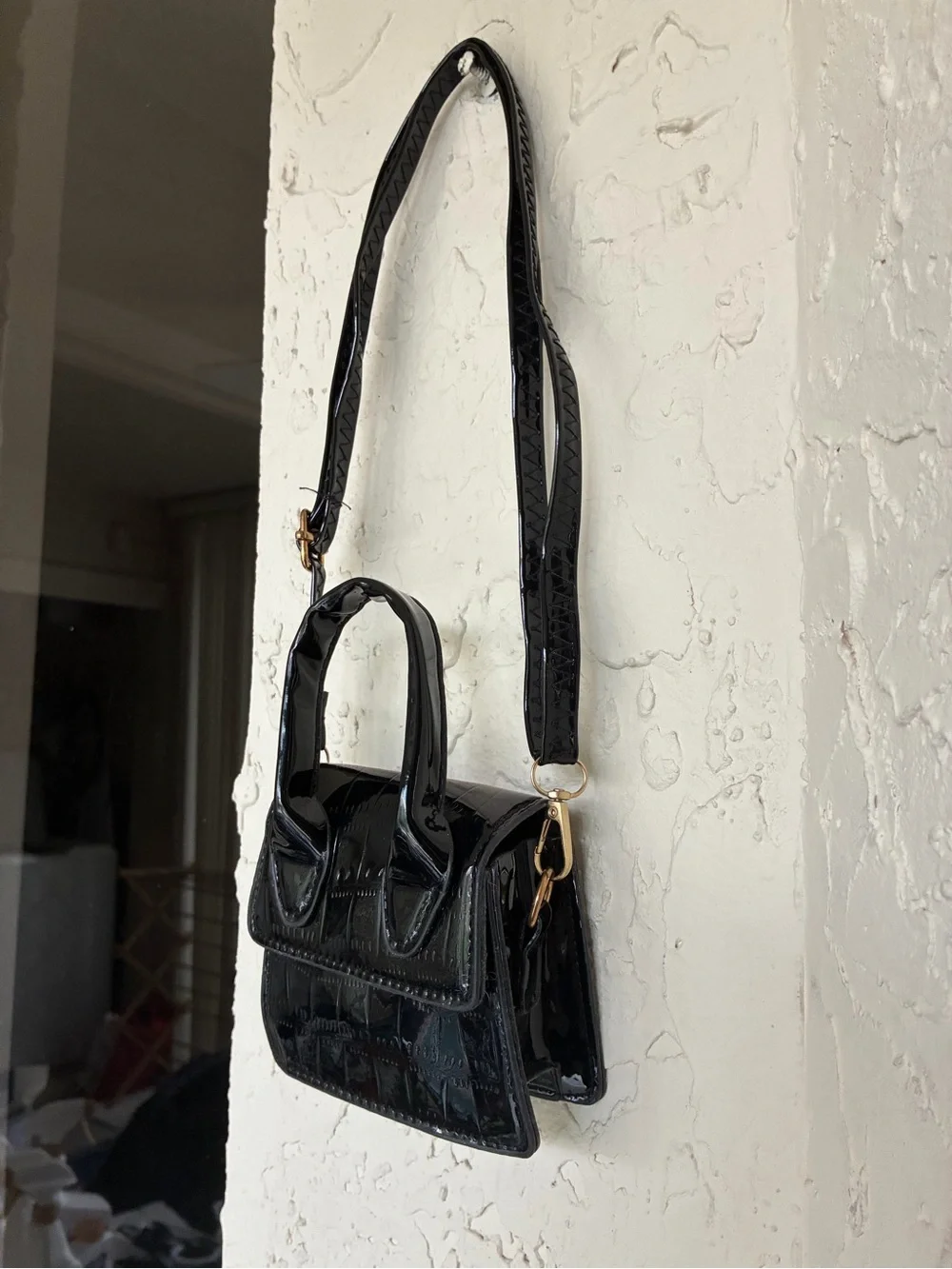 Black Patent Crocodile Embossed Mini Bag | Convertible Top Handle Crossbody - Picture 11 of 13